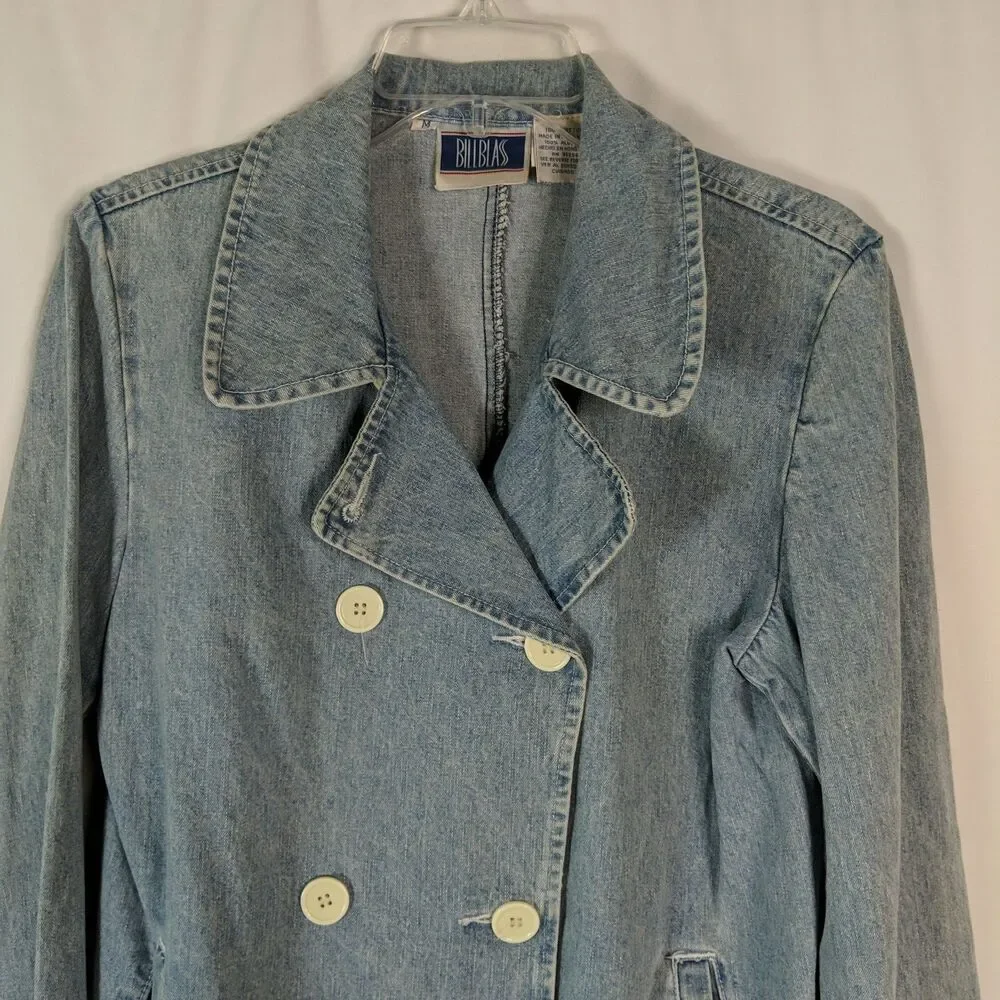 Bill Blass Light Denim Double Breasted Jacket Pea Coat Women Size Medium Vintage